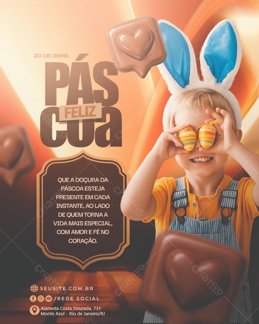 Flyer Páscoa Feliz Crianças Chocolates PSD Editável