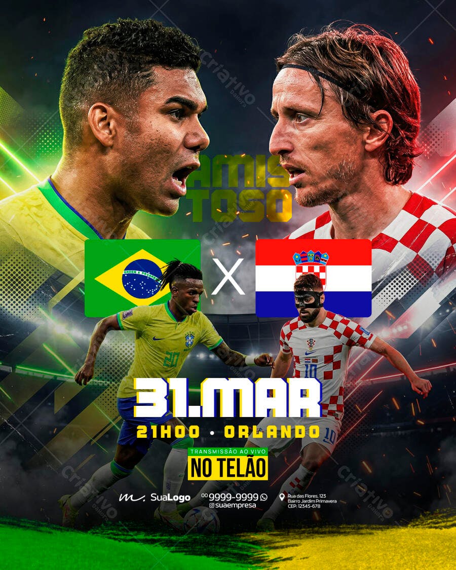 Flyer Jogo Brasil Croácia Futebol PSD Editável
