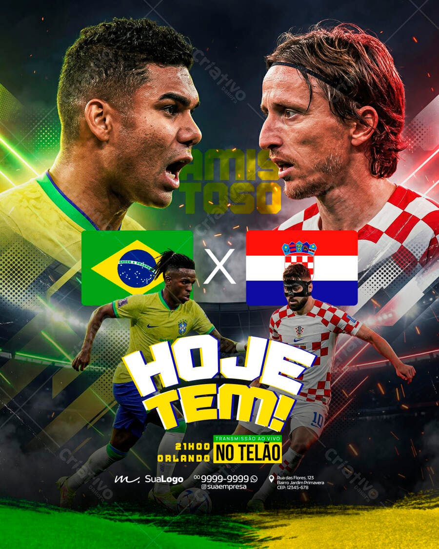 Flyer Jogo Brasil Croácia Futebol Copa PSD Editável