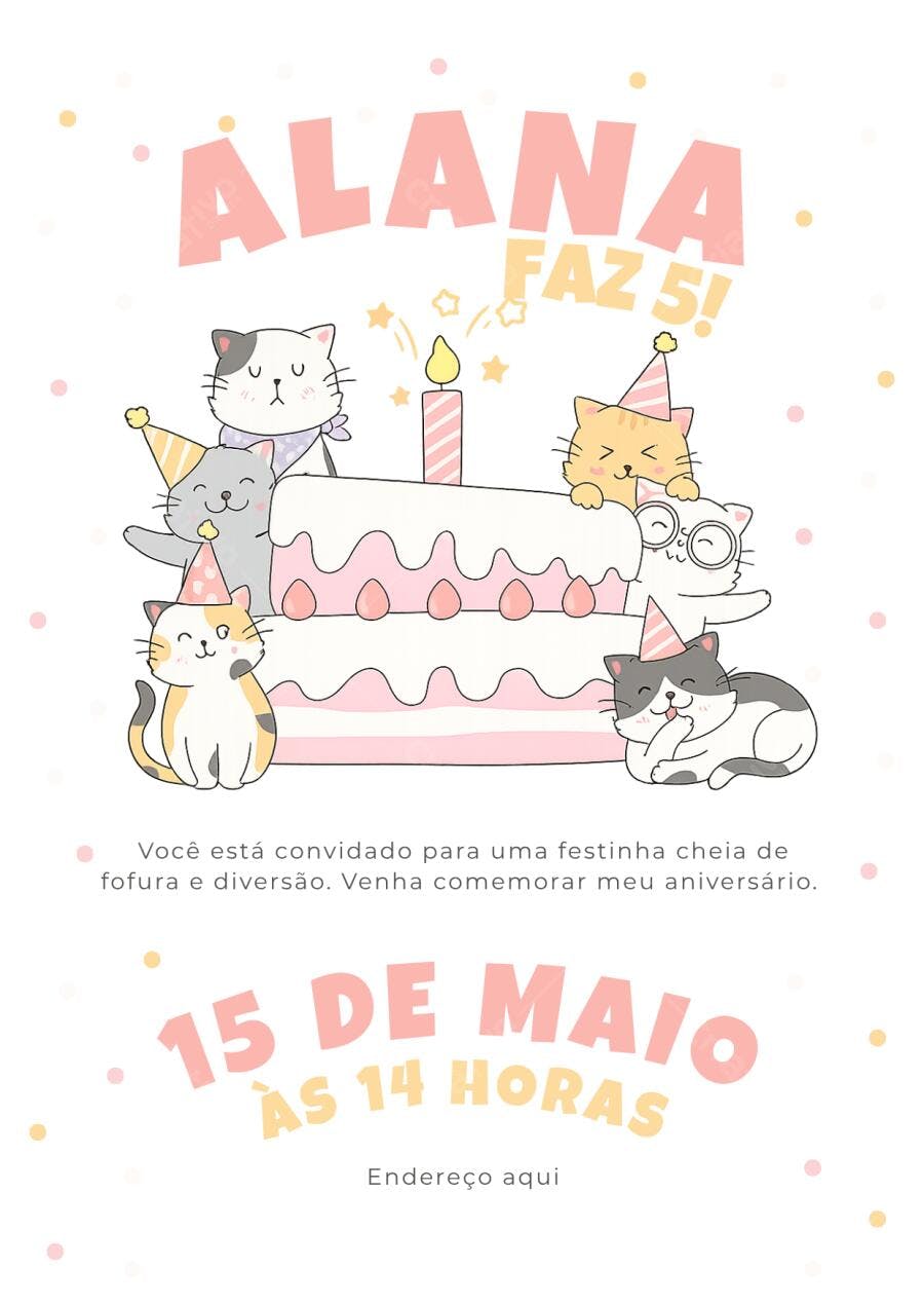 Convite Aniversário Gatinhos Fofos 5 Anos Editável