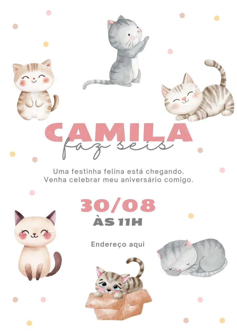 Convite Aniversário Gatinhos 6 Anos Editável