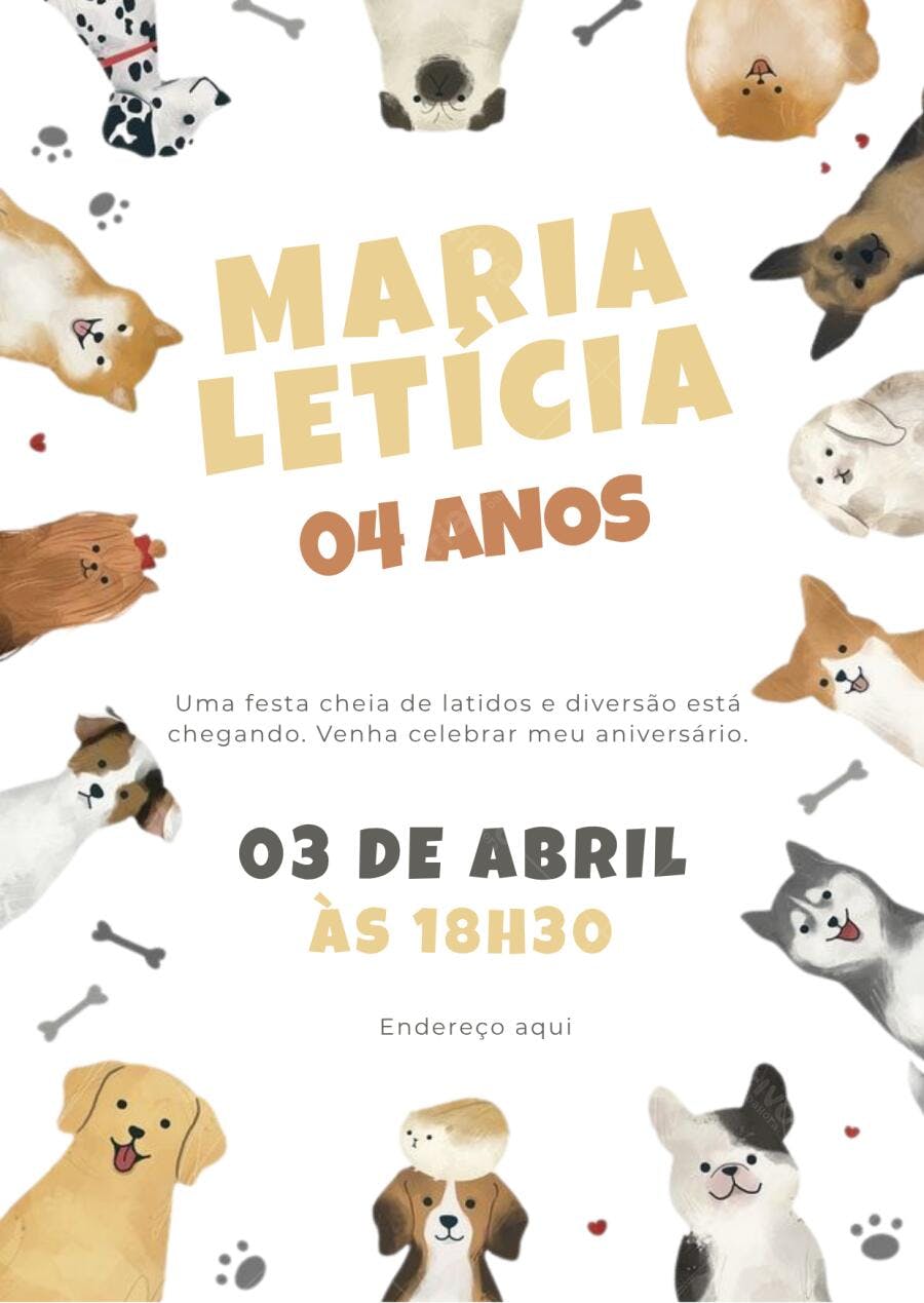 Convite Aniversário Infantil Cães Fofos 4 Anos Editável