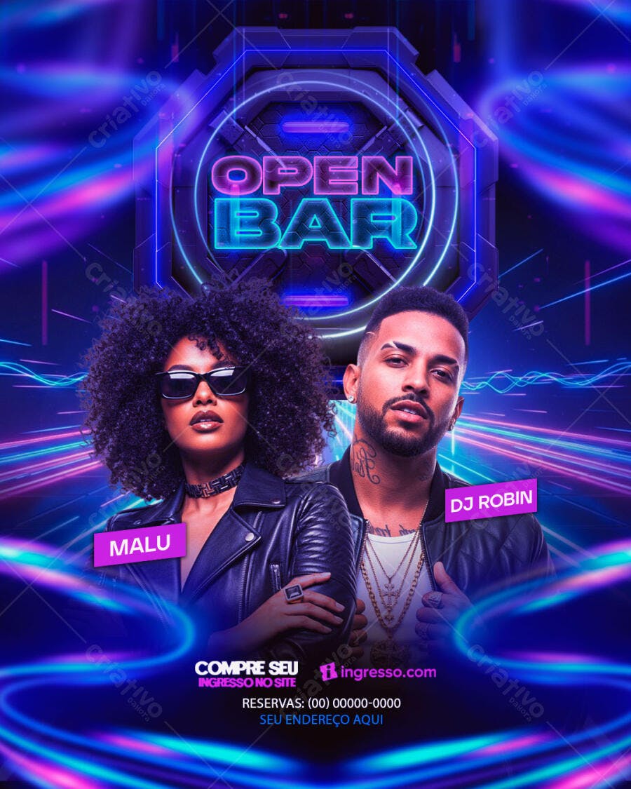 Flyer Open Bar Balada Neon Festa PSD Editável