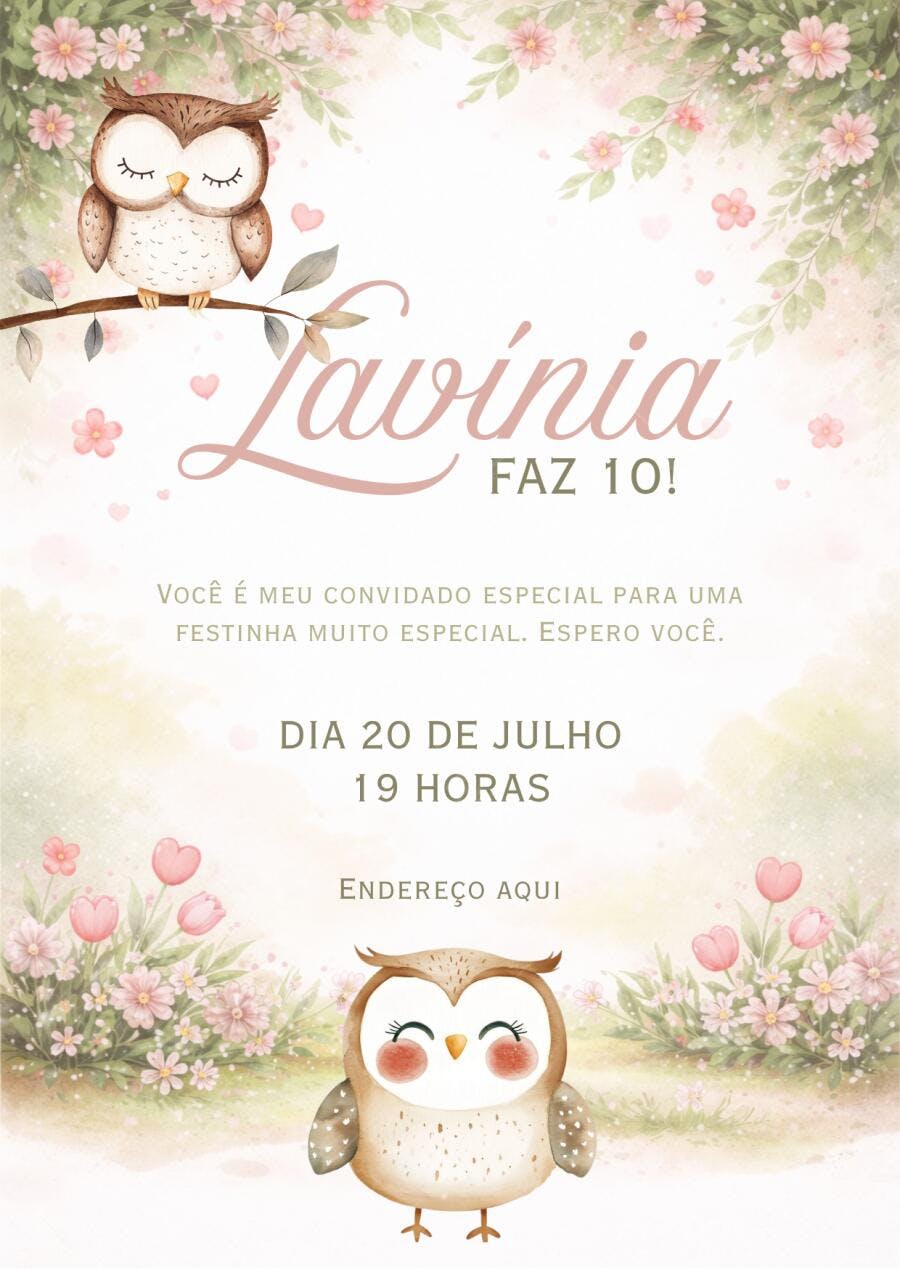 Convite Aniversário Coruja 10 Anos Floral Rosa Editável