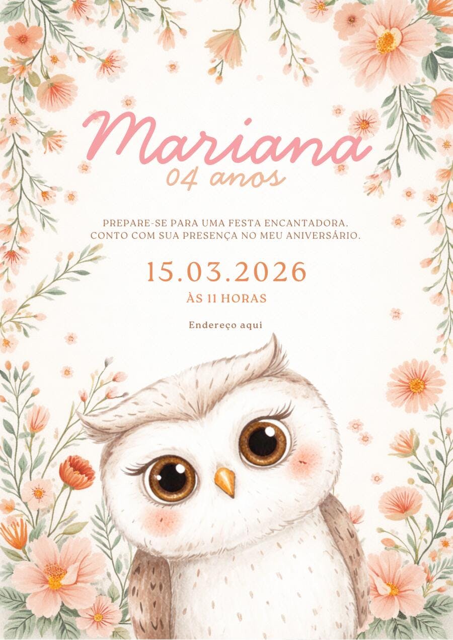 Convite Aniversário Coruja Floral 4 Anos Editável