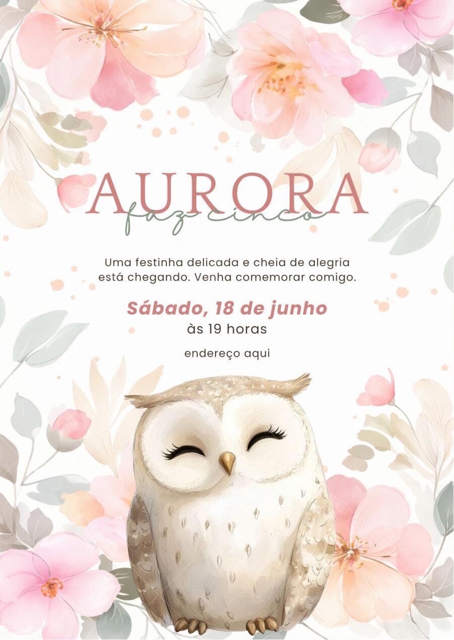 Convite Aniversário Coruja Floral 5 Anos Editável