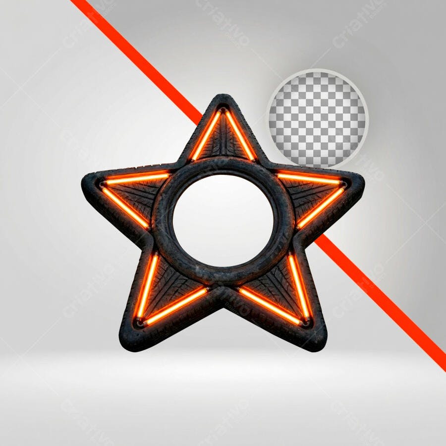 Elemento 3D Estrela Neon Laranja Escuro PNG Fundo Transparente