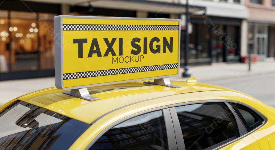 Mockup Sinal Táxi Carro Amarelo Rua Realista Editável