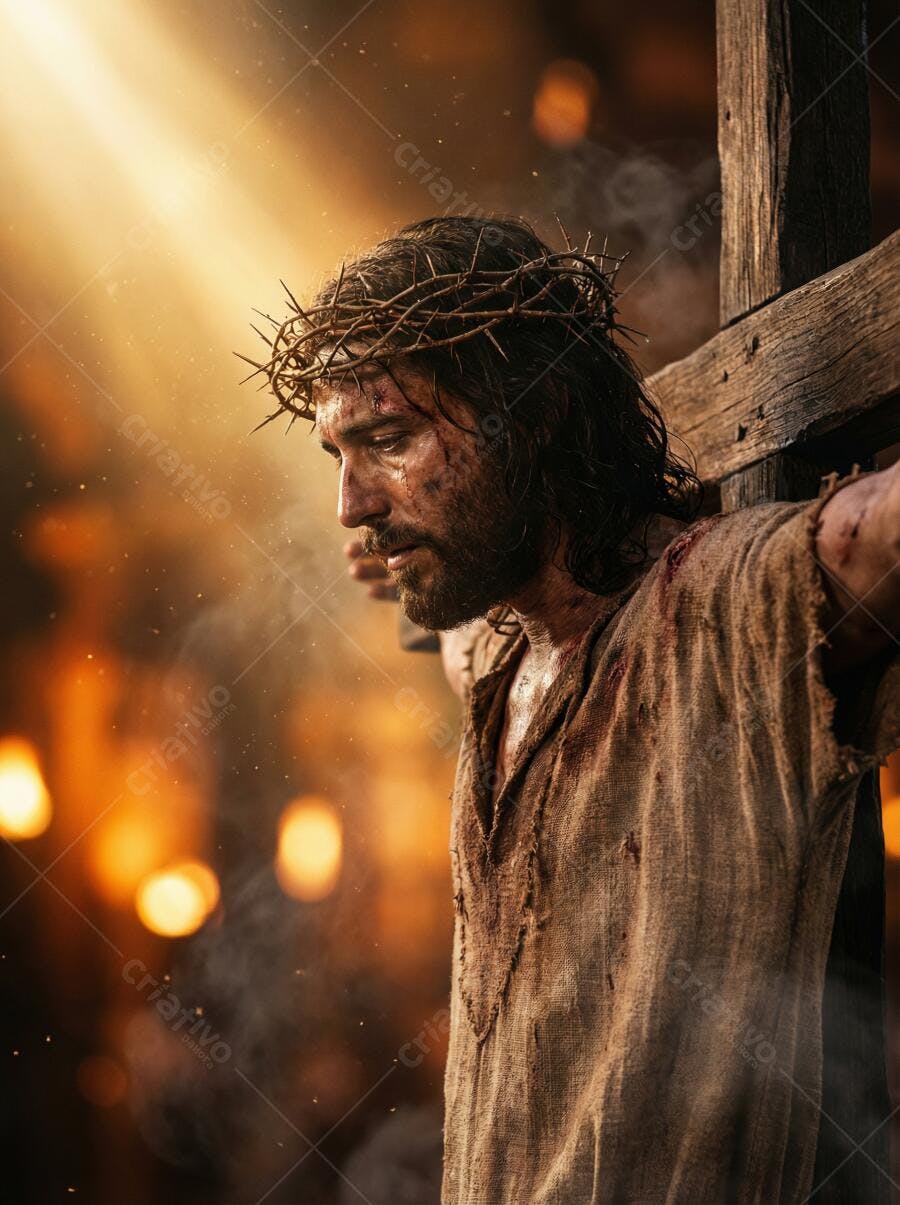Foto Jesus Cristo Crucificado Coroa de Espinhos Iluminação Dourada