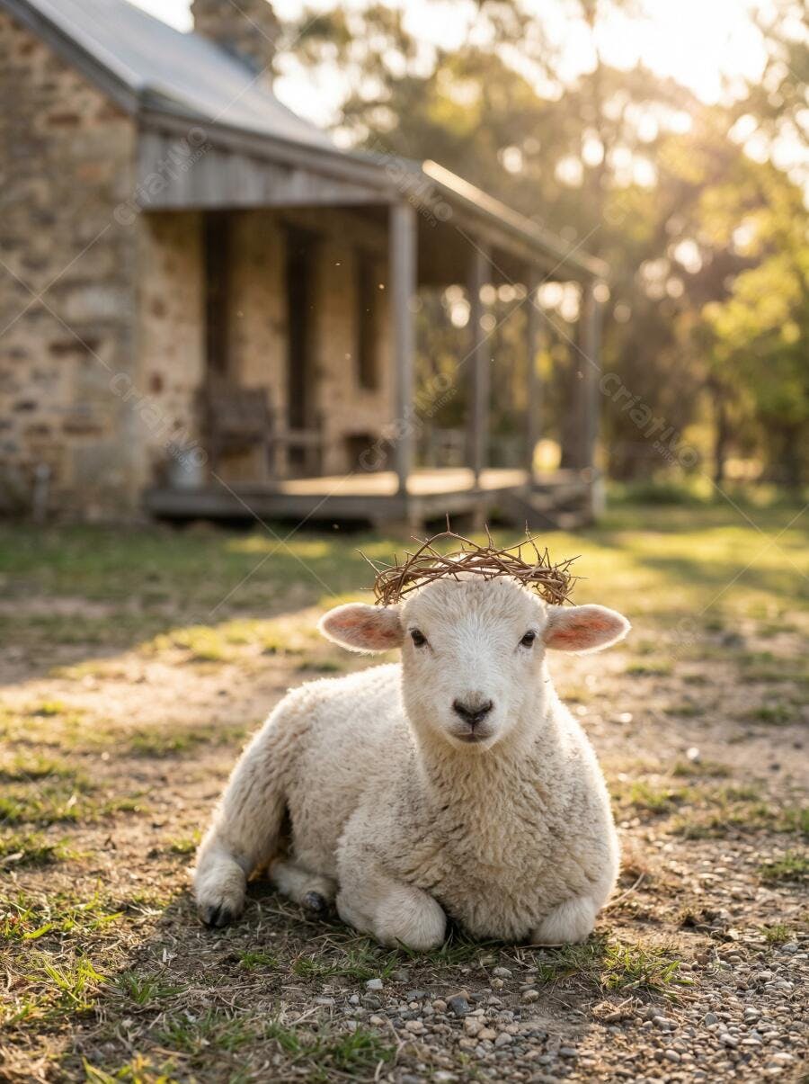Foto Cordeiro Coroa de Espinhos Deitado Fazenda Pôr do Sol