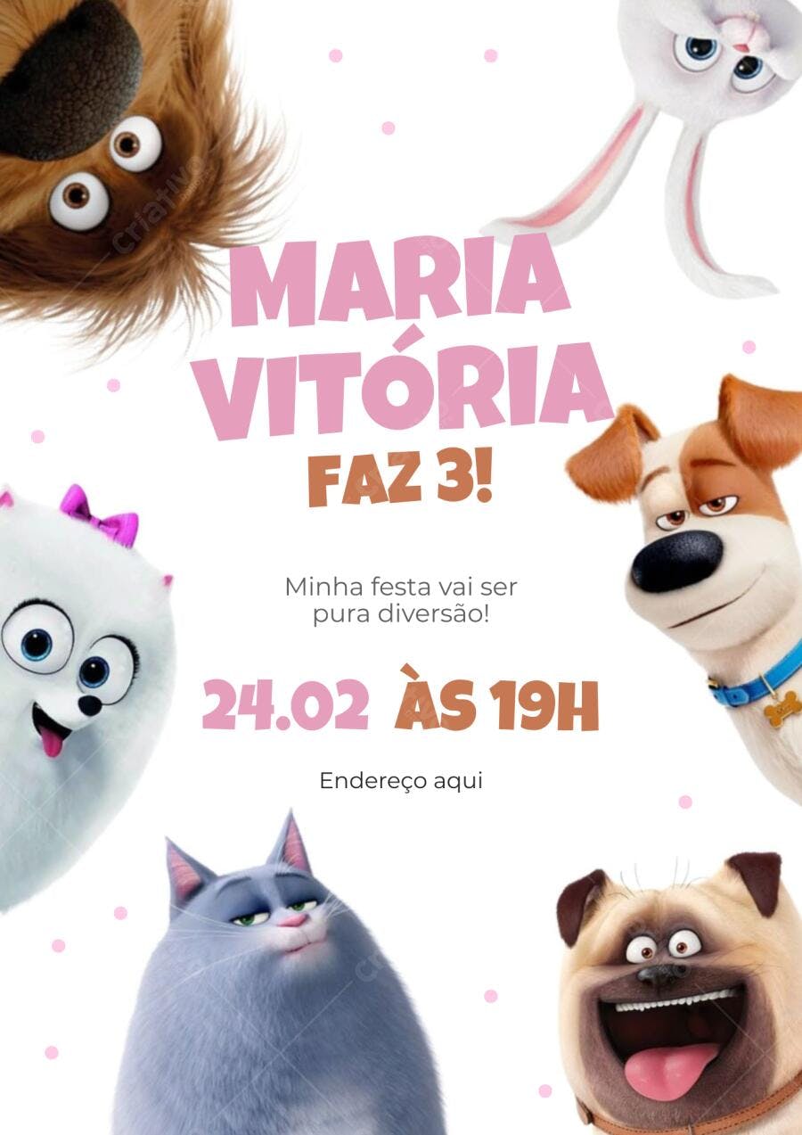Convite Aniversário Pets A Vida Secreta dos Bichos 3 Anos Editável