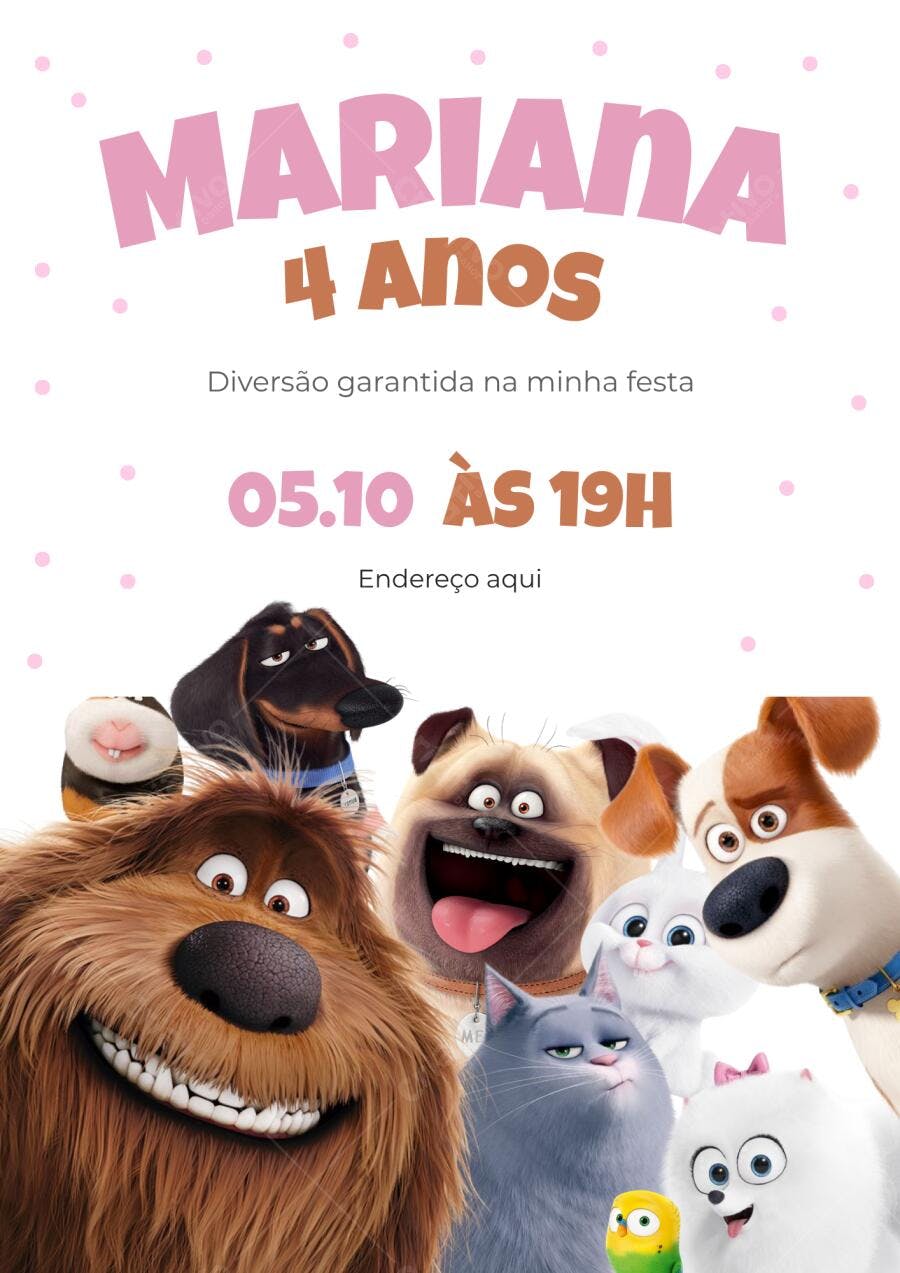 Convite Aniversário Pets A Vida Secreta dos Bichos 4 Anos Editável