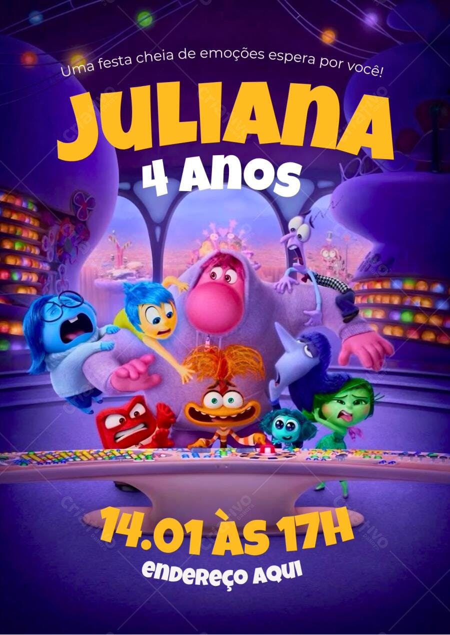 Convite Aniversário Divertida Mente 4 Anos Editável