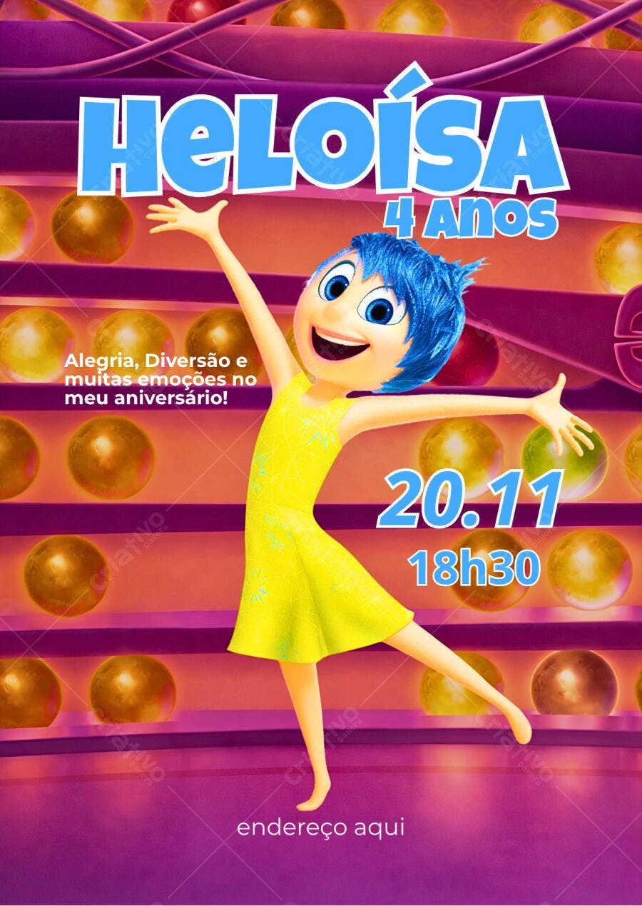 Convite Aniversário Alegria Divertidamente 4 Anos Editável