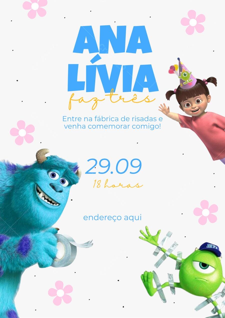 Convite Aniversário Monstros SA Boo Sulley Mike 3 Anos Editável