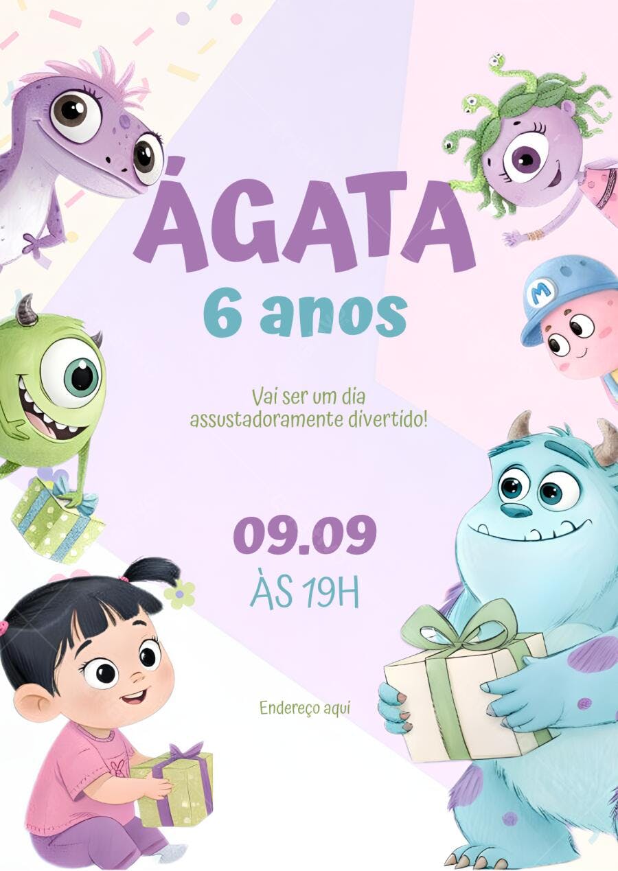 Convite Aniversário Monstros SA 6 Anos Editável