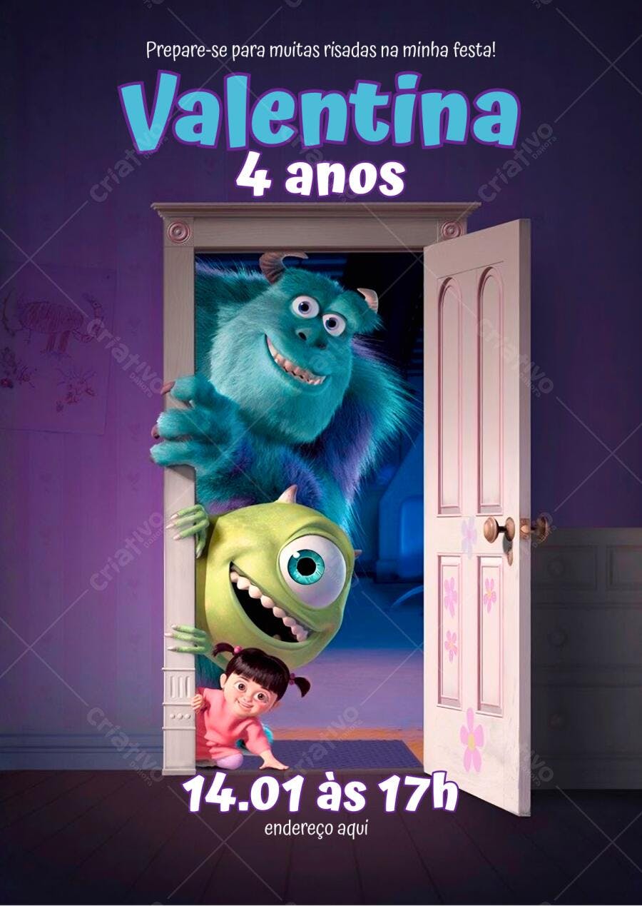Convite Aniversário Monstros SA 4 Anos Editável