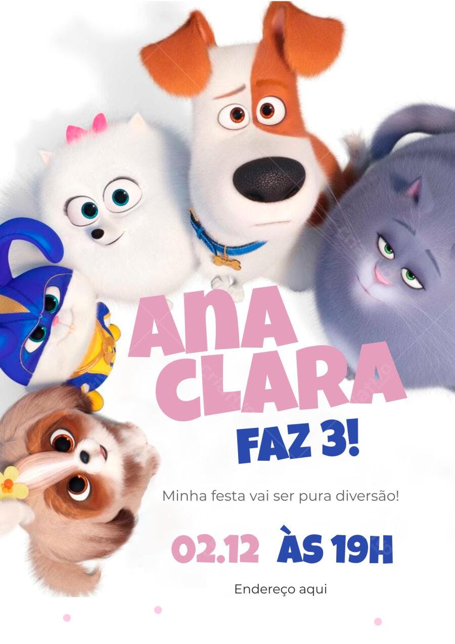 Convite Aniversário Pets A Vida Secreta dos Bichos 3 Anos Editável