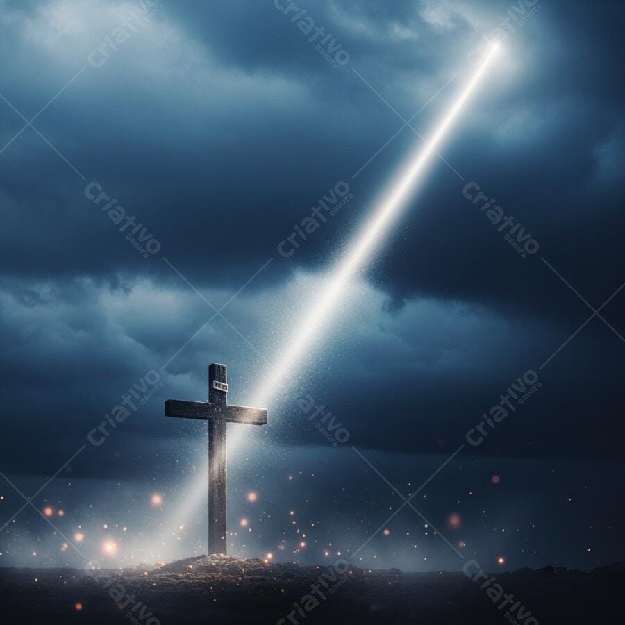 Foto Cruz Cristã Iluminada por Raio de Luz Celestial Noite