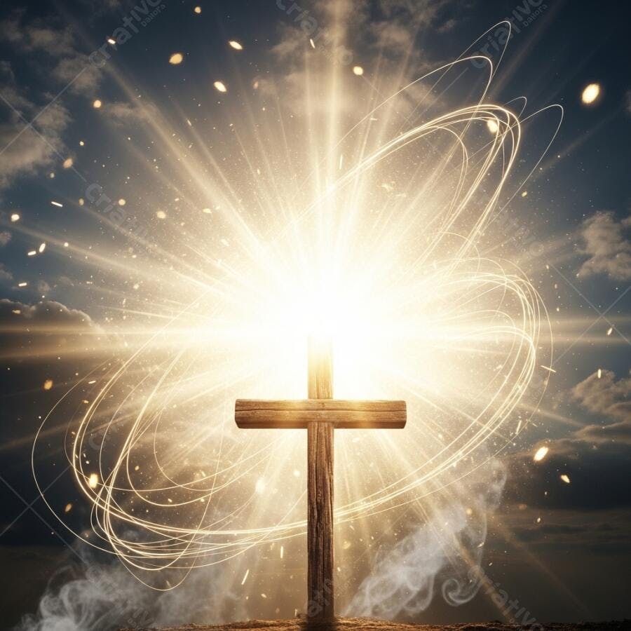 Foto Cruz de Madeira Brilhante com Raios de Luz Divina