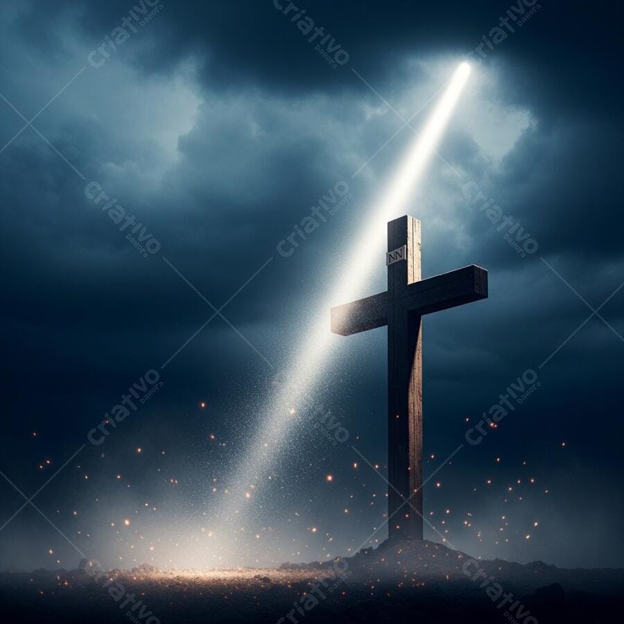 Foto Cruz Cristã Iluminada Raio de Luz Divina Noite