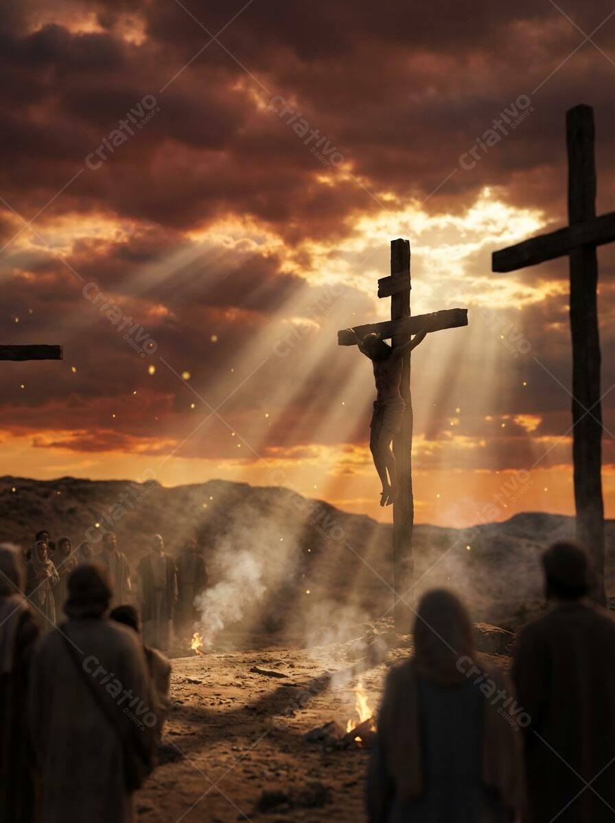 Foto Crucificação de Jesus Cristo Pessoas Montanha Pôr do Sol