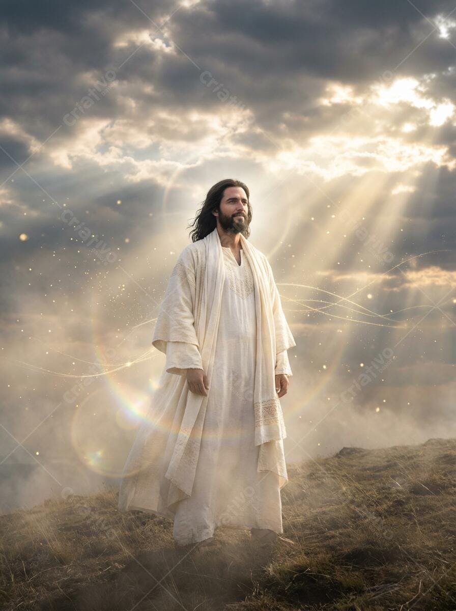 Foto Jesus Cristo de túnica branca em montanha com luz divina
