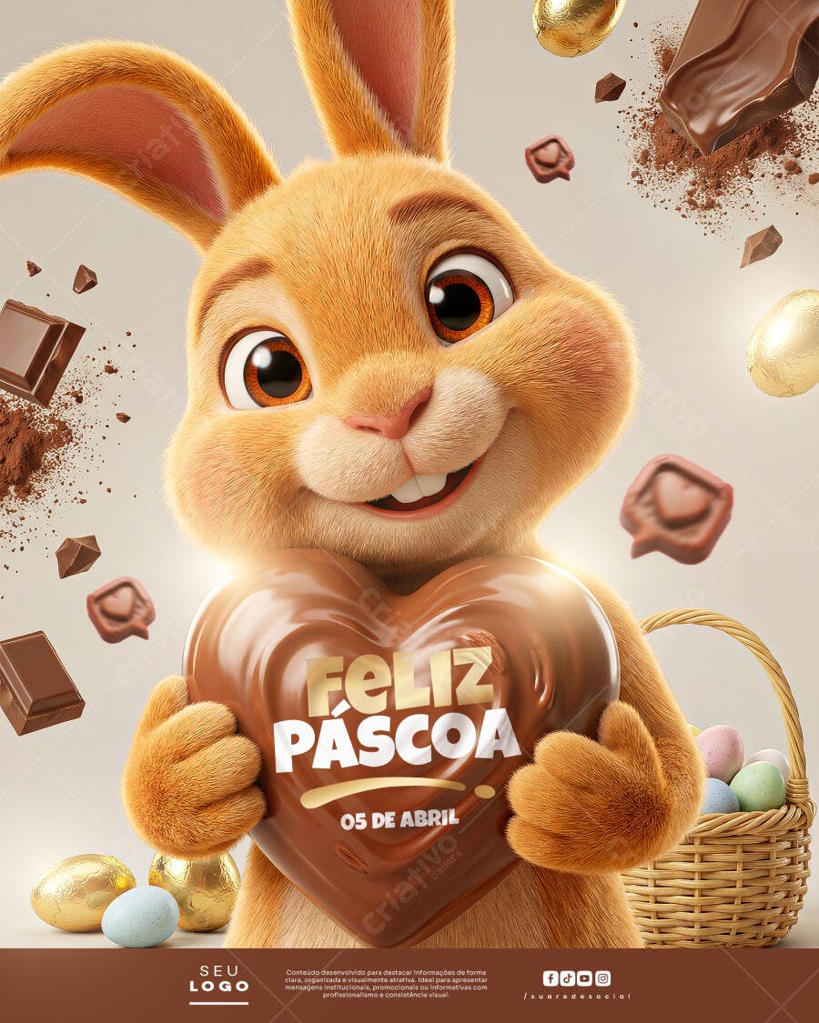 Cartão Feliz Páscoa Coelho Chocolate PSD Editável