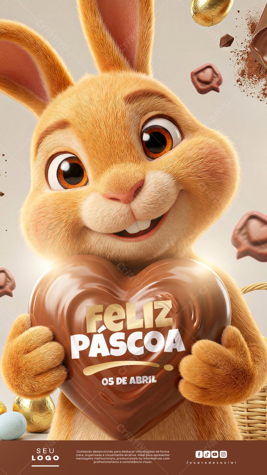 Arte Páscoa Coelho Chocolate 05 de Abril PSD Editável
