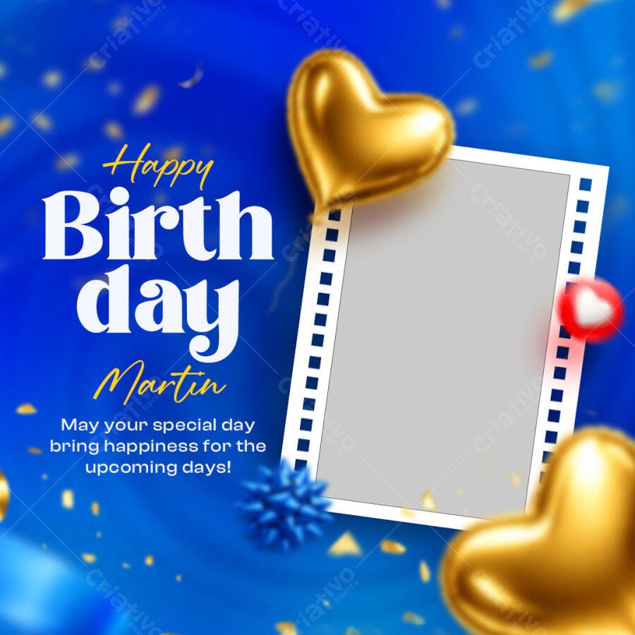 Convite Aniversário Martin Balão Coração Dourado PSD Editável