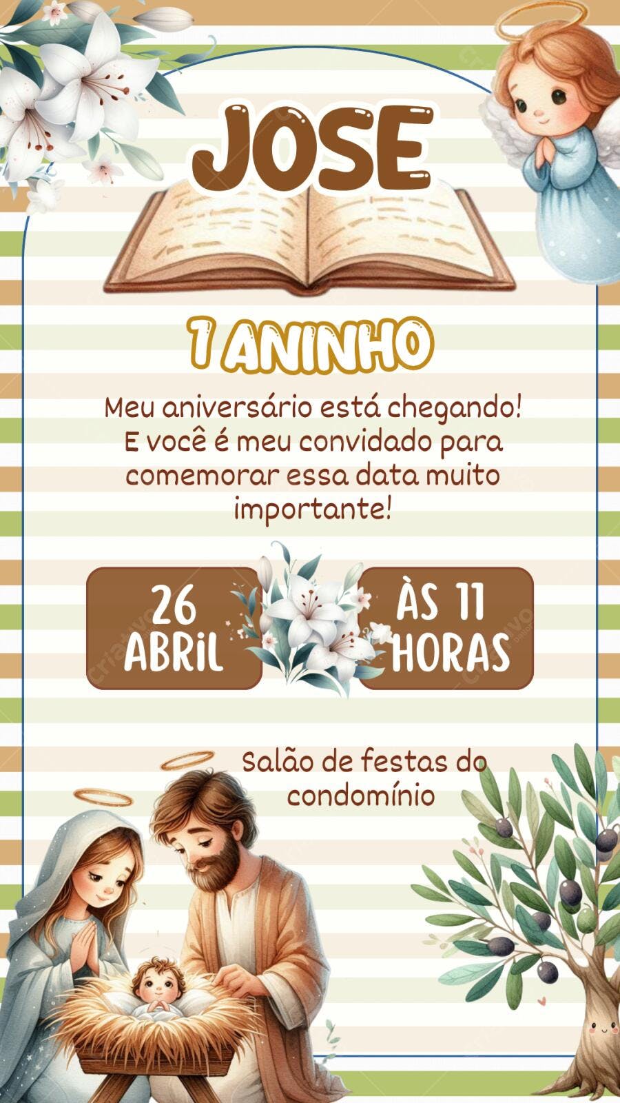 Convite Aniversário 1 Aninho Sagrada Família Editável