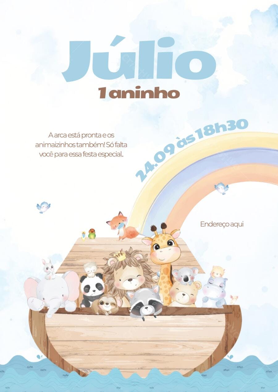 Convite Aniversário Arca de Noé 1 Aninho Editável