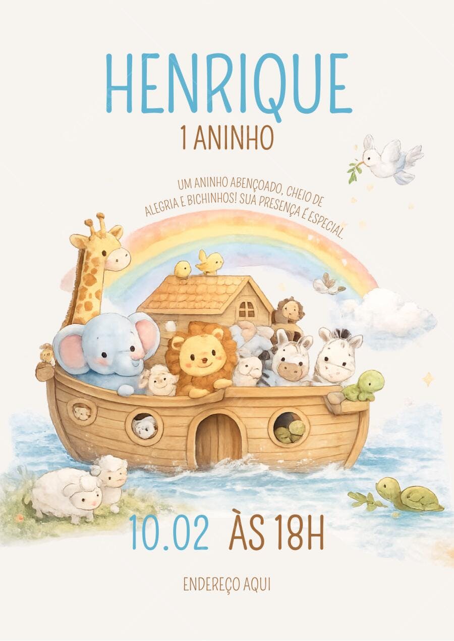 Convite Aniversário Arca de Noé 1 Aninho Editável