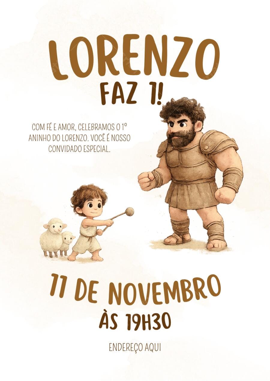 Convite Aniversário Davi e Golias 1 Ano Editável