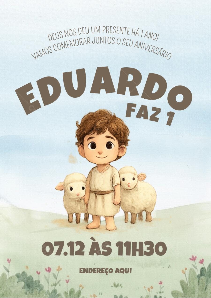 Convite Aniversário Menino Pastor Ovelhas 1 Ano Editável