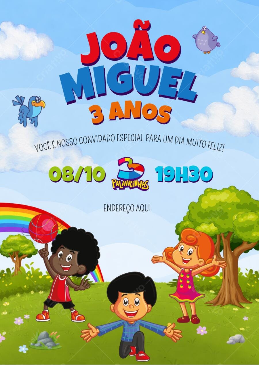 Convite Aniversário Palavrinhas 3 Anos Editável