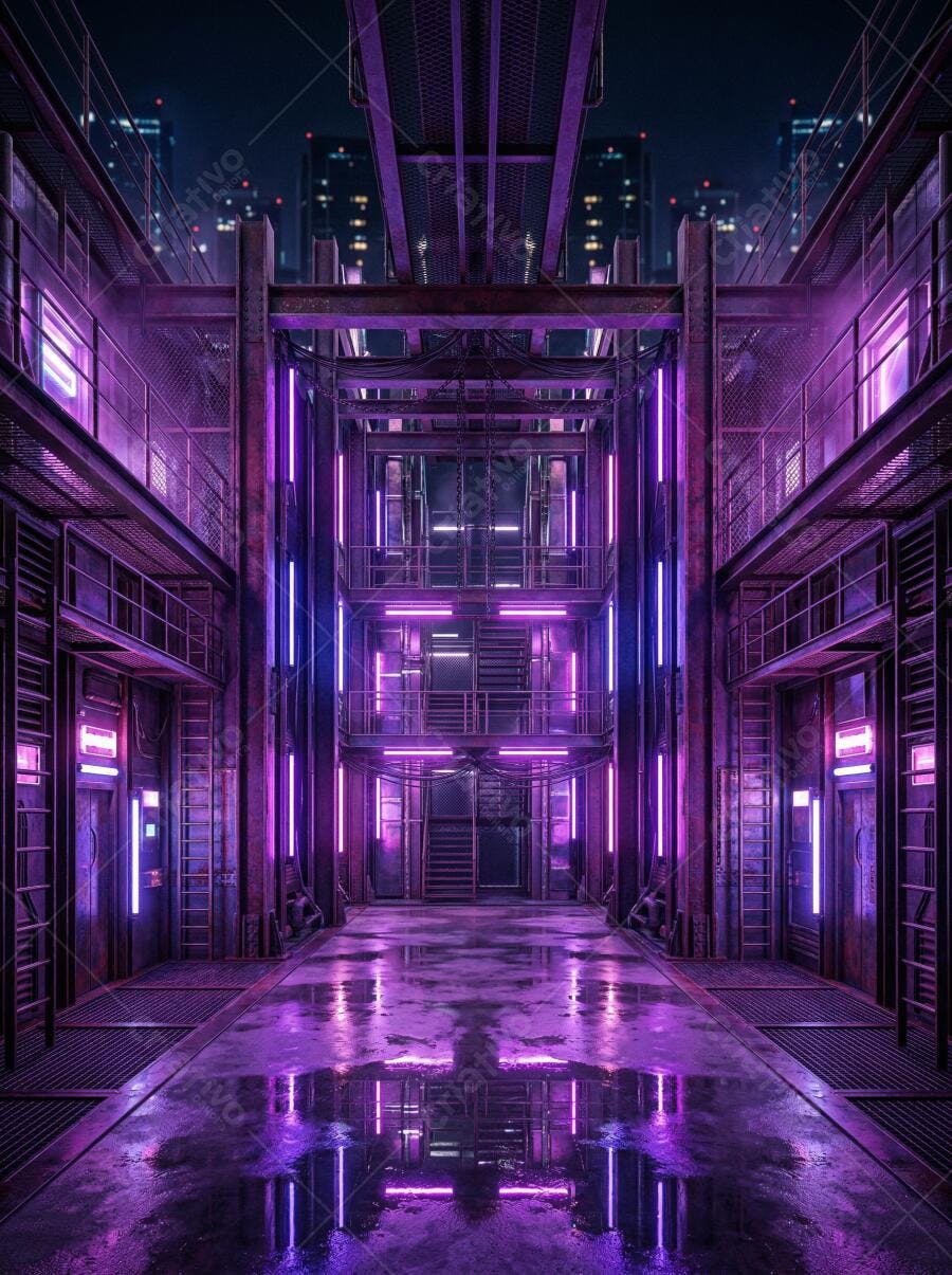 Foto Corredor Urbano Neon Roxo Iluminação Cyberpunk Noturna