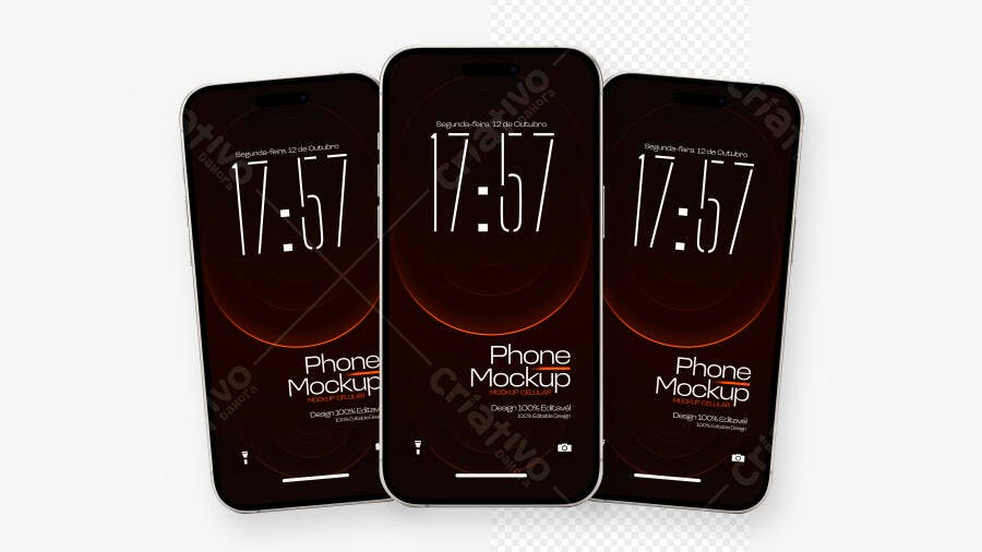 Mockup Celular Preto Três Ângulos Fundo Branco Editável