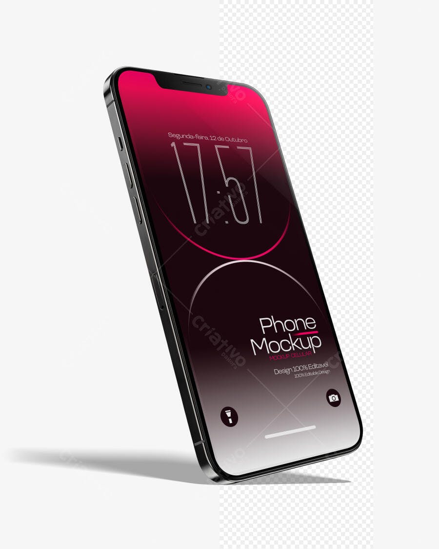 Mockup Celular Smartphone Preto 3/4 Fundo Branco Editável