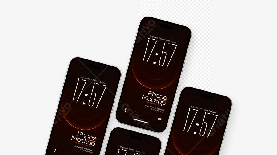 Mockup Celular Preto Múltiplas Telas Fundo Branco Editável