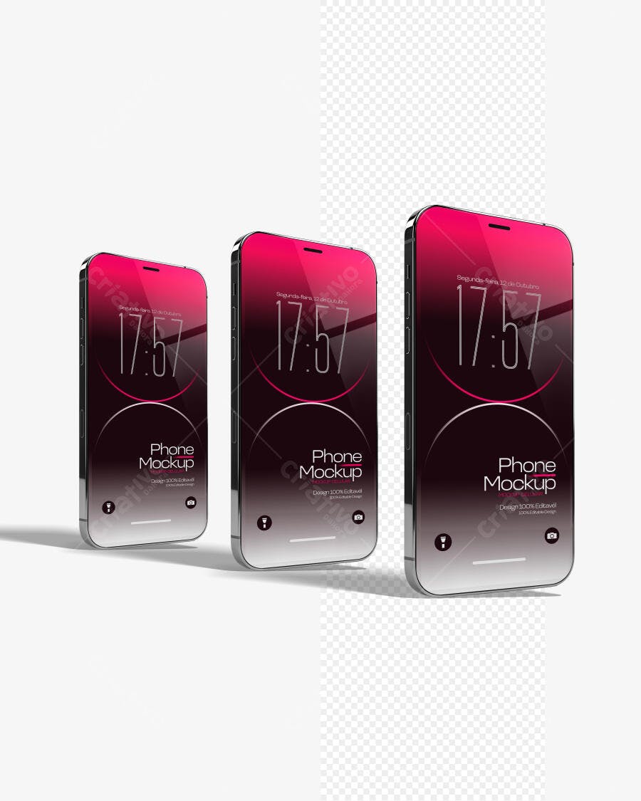 Mockup Celular Moderno Três Ângulos Fundo Branco Editável