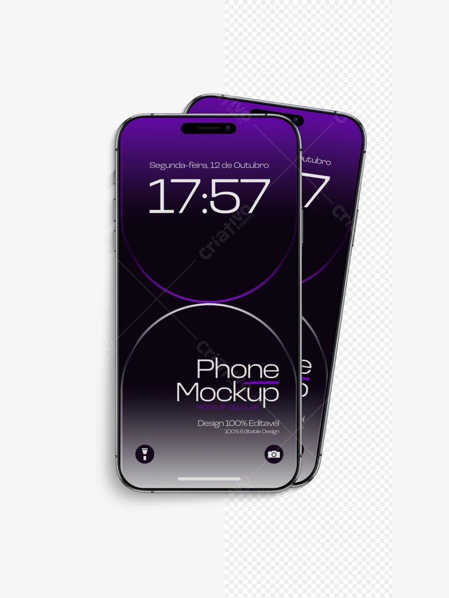 Mockup Celular Moderno Tela Roxa Fundo Branco Editável