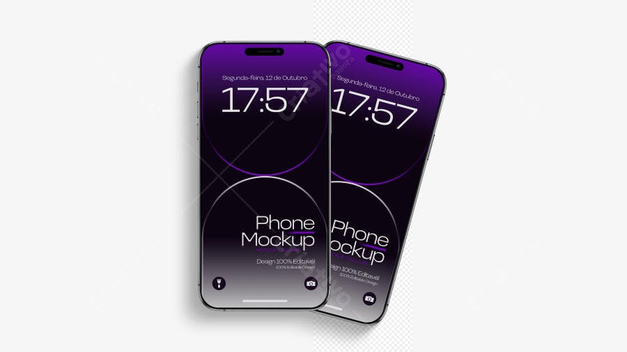 Mockup Celular iPhone Roxo Fundo Branco Vista Superior Editável