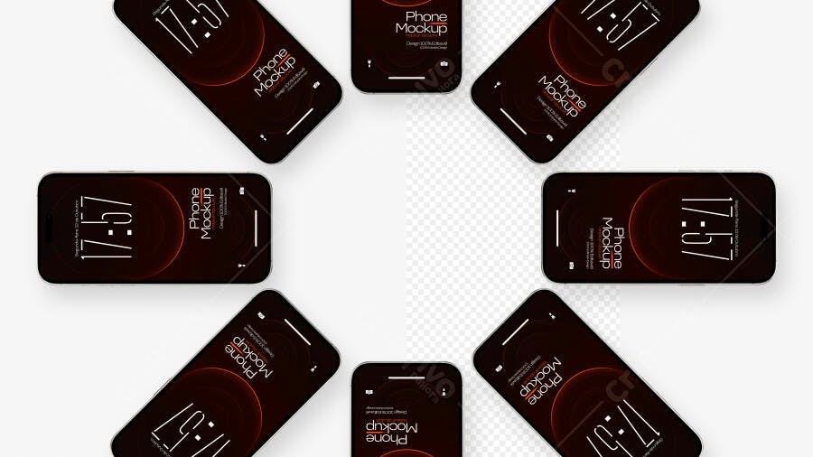 Mockup Celular Preto Diversos Ângulos Fundo Branco Editável
