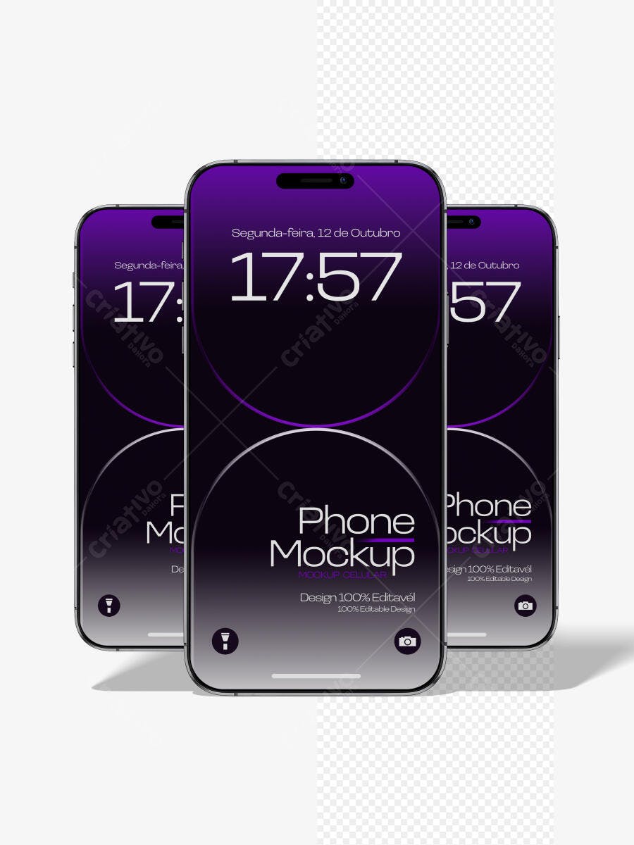 Mockup Celular Moderno Tela Roxa Fundo Branco Editável
