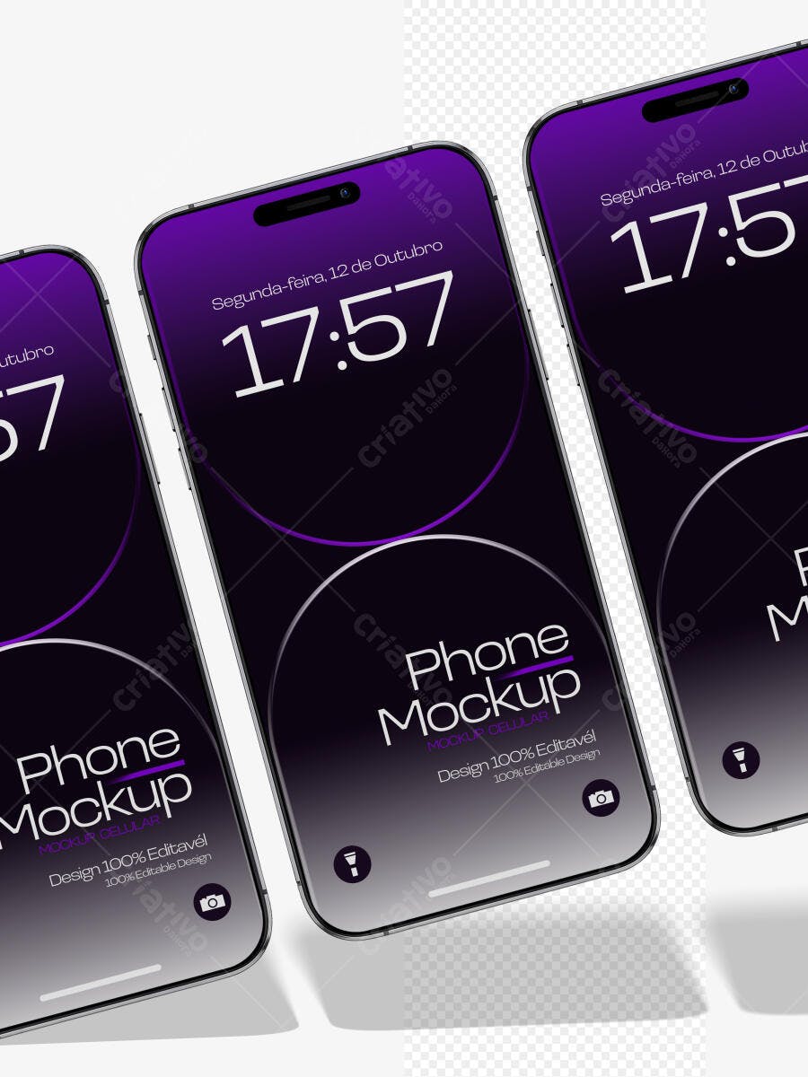 Mockup Celular Moderno Tela Roxa Fundo Transparente Editável