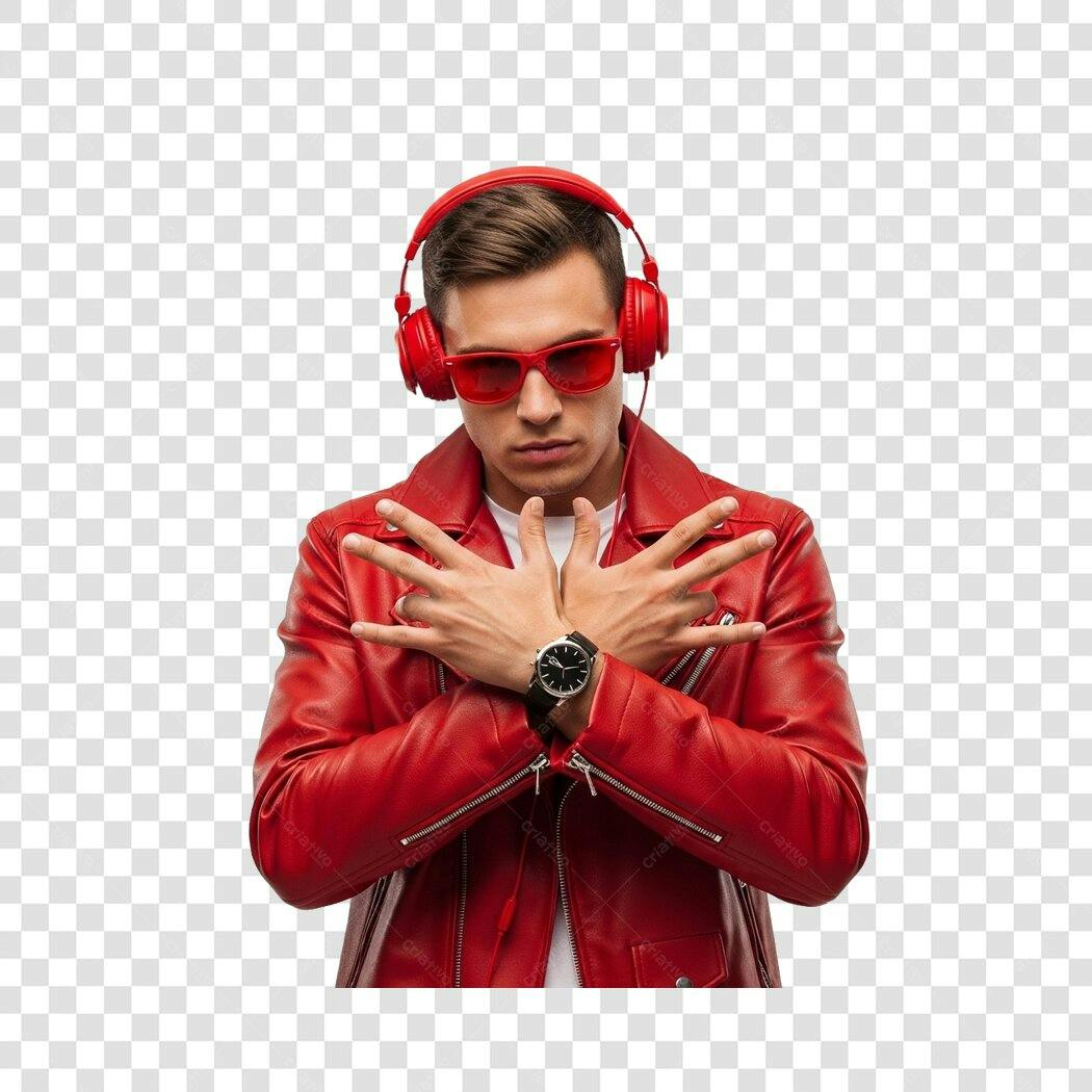 Foto Recortada Homem Jaqueta Vermelha Óculos Fone PNG Fundo Transparente
