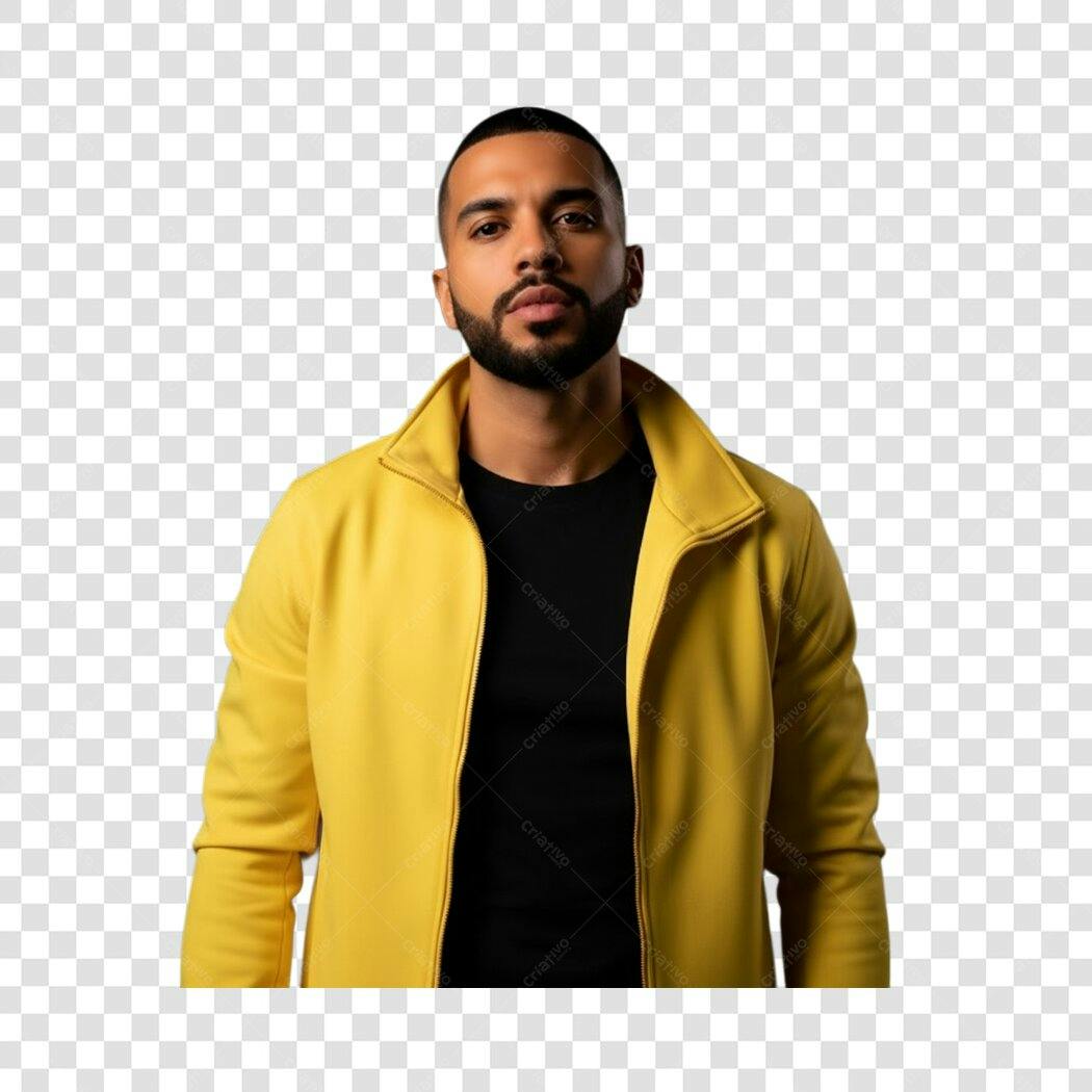 Foto Recortada Homem Barba Jaqueta Amarela PNG Fundo Transparente