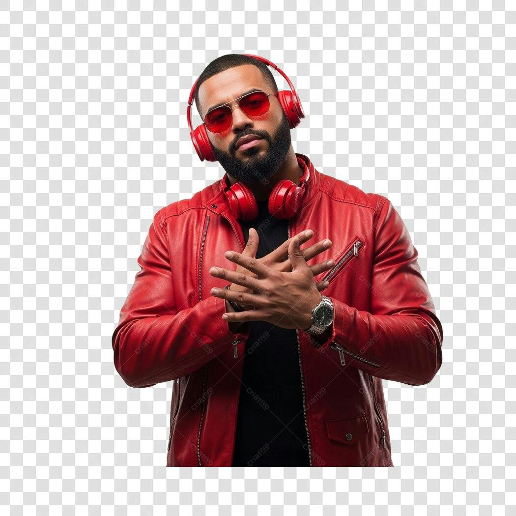 Foto Recortada Homem Barba Óculos Vermelhos Fone PNG Fundo Transparente
