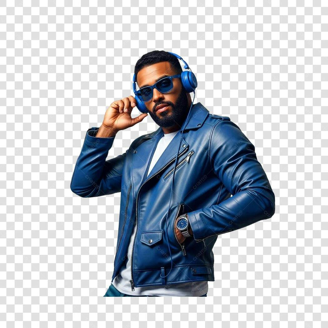 Foto Recortada Homem Jaqueta Azul Fone Ouvido PNG Fundo Transparente